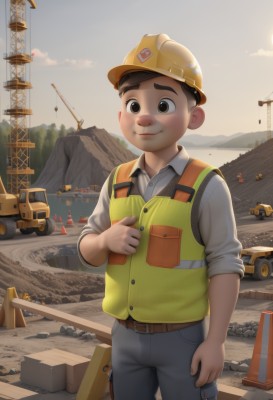 solo,looking at viewer,smile,brown hair,shirt,1boy,hat,brown eyes,closed mouth,white shirt,male focus,outdoors,sky,day,collared shirt,belt,pants,black eyes,vest,helmet,denim,ground vehicle,child,motor vehicle,car,male child,truck,tent,short hair,black hair,cloud,thick eyebrows,sunset,rock,yellow headwear,hardhat