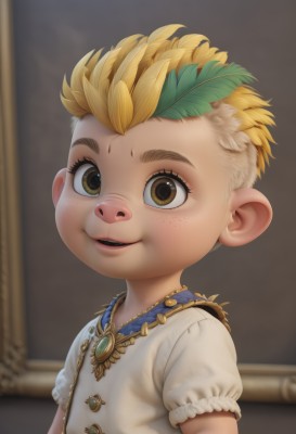 solo,looking at viewer,smile,short hair,open mouth,blonde hair,shirt,1boy,brown eyes,jewelry,white shirt,upper body,short sleeves,male focus,multicolored hair,teeth,puffy sleeves,necklace,blurry,puffy short sleeves,blurry background,child,freckles,male child,laurel crown,1girl,parted lips,artist name,leaf,upper teeth only,aged down,female child,head wreath,leaf hair ornament