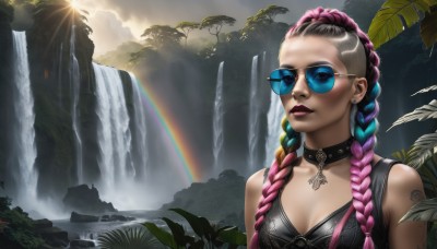 1girl,solo,long hair,breasts,looking at viewer,cleavage,bare shoulders,jewelry,medium breasts,closed mouth,upper body,pink hair,purple hair,braid,multicolored hair,earrings,small breasts,outdoors,glasses,sleeveless,choker,day,water,necklace,twin braids,collar,two-tone hair,tree,lips,tattoo,makeup,black choker,piercing,sunlight,sunglasses,tank top,plant,lipstick,ear piercing,nature,hair over shoulder,eyeshadow,nose,round eyewear,undercut,tinted eyewear,rainbow,waterfall,mascara,multiple braids,pink-tinted eyewear,blue hair,signature,leaf,forehead,dreadlocks