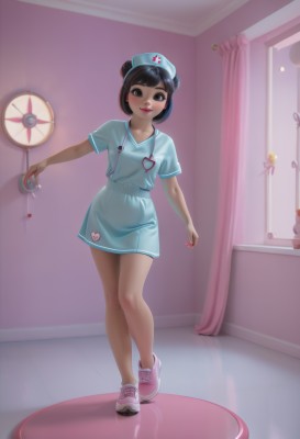 1girl,solo,looking at viewer,blush,smile,short hair,bangs,brown hair,black hair,hat,dress,holding,brown eyes,standing,full body,short sleeves,heart,shoes,indoors,hair bun,black eyes,lips,window,double bun,blue shirt,curtains,sneakers,nurse cap,nurse,syringe,stethoscope,pink footwear,name tag