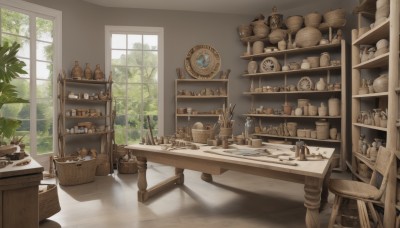 day,indoors,tree,cup,book,no humans,window,shadow,chair,table,sunlight,bottle,plant,scenery,plate,clock,basket,potted plant,teapot,stool,shelf,gears,jar,loaded interior