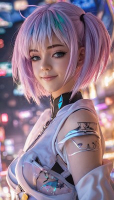 1girl,solo,breasts,looking at viewer,smile,short hair,bangs,blue eyes,bare shoulders,twintails,closed mouth,upper body,pink hair,multicolored hair,artist name,blurry,from side,lips,grey eyes,tattoo,makeup,depth of field,blurry background,science fiction,realistic,nose,cyborg,cyberpunk,medium breasts,blue hair,purple hair,ahoge,outdoors,sleeveless,streaked hair,see-through,looking to the side,eyelashes,bokeh,mascara