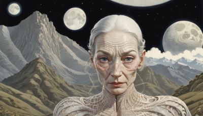 1girl,solo,looking at viewer,blue eyes,closed mouth,white hair,outdoors,sky,cloud,signature,lips,grey eyes,night,moon,portrait,star (sky),night sky,full moon,starry sky,mountain,realistic,alien,mount fuji,1boy,pointy ears,old,planet,old man,old woman,wrinkled skin