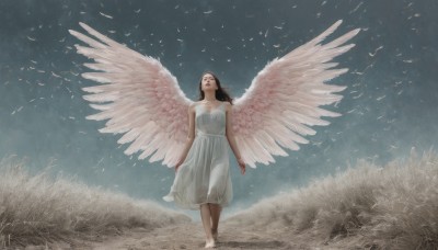 1girl,solo,long hair,brown hair,black hair,dress,closed eyes,outdoors,wings,sky,barefoot,white dress,bird,grass,looking up,feathered wings,walking,angel wings,realistic,arms at sides,angel,spread wings,large wings,standing,artist name,signature,sleeveless dress,feathers,white wings