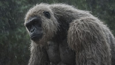 solo,red eyes,1boy,closed mouth,upper body,male focus,outdoors,cape,armor,mask,colored skin,cloak,furry,rain,furry male,fur,fur cape,fur cloak,looking at viewer,artist name,signature,blurry,from side,no humans,profile,blurry background,animal,realistic