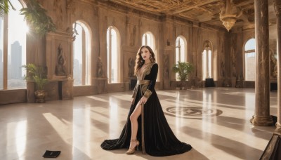 1girl,solo,long hair,breasts,looking at viewer,open mouth,brown hair,long sleeves,dress,cleavage,brown eyes,jewelry,medium breasts,standing,full body,earrings,day,indoors,necklace,black footwear,black dress,high heels,book,window,sunlight,plant,scenery,light rays,stairs,long dress,potted plant,sunbeam,pillar,arch,column,black hair,bracelet,lips,makeup,shadow,lipstick,statue