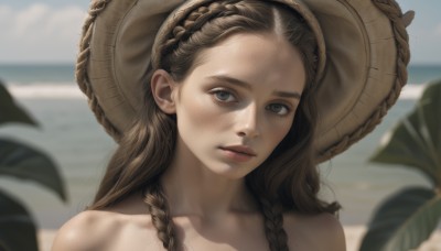 1girl,solo,long hair,looking at viewer,blue eyes,brown hair,hat,bare shoulders,closed mouth,collarbone,braid,outdoors,sky,day,mole,blurry,twin braids,lips,grey eyes,depth of field,blurry background,ocean,leaf,beach,plant,portrait,forehead,freckles,realistic,nose,brown headwear,straw hat,hand on headwear,upper body,parted lips,eyelashes,sunlight,sun hat