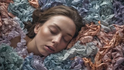 1girl,solo,brown hair,closed eyes,frills,parted lips,lips,leaf,sleeping,crystal,realistic,too many,long hair,lying,teeth,portrait,facing viewer,nose