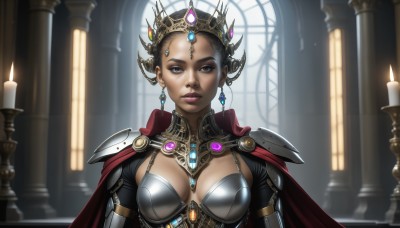 HQ,1girl,solo,breasts,looking at viewer,short hair,blue eyes,black hair,cleavage,brown eyes,jewelry,medium breasts,upper body,earrings,indoors,dark skin,cape,armor,dark-skinned female,lips,grey eyes,tiara,crown,shoulder armor,gem,pauldrons,realistic,red cape,candle,window,makeup,breasts apart,forehead,backlighting,nose,forehead jewel