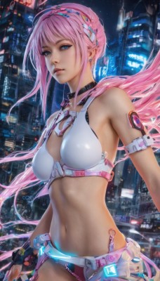 1girl,solo,long hair,breasts,looking at viewer,blue eyes,gloves,navel,jewelry,medium breasts,pink hair,cowboy shot,hairband,earrings,outdoors,parted lips,sky,choker,black gloves,midriff,belt,fingerless gloves,lips,night,building,science fiction,city,realistic,bangs,cleavage,bare shoulders,swimsuit,bikini,artist name,signature,stomach,nail polish,headgear,piercing,night sky,cityscape,city lights,cyberpunk