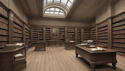 day,indoors,book,no humans,window,chair,table,sunlight,scenery,desk,light rays,wooden floor,paper,bookshelf,lamp,book stack,library,candlestand