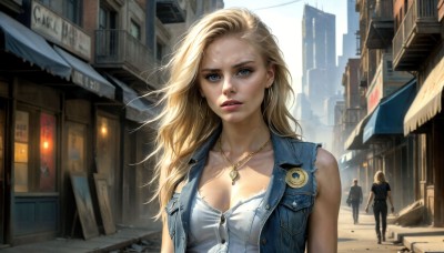 HQ,1girl,long hair,breasts,looking at viewer,blue eyes,blonde hair,cleavage,jewelry,medium breasts,collarbone,jacket,earrings,outdoors,parted lips,multiple boys,sleeveless,solo focus,day,pants,2boys,necklace,vest,lips,denim,building,freckles,walking,jeans,hoop earrings,city,realistic,road,police,denim jacket,android 18,solo,shirt,upper body,open clothes,torn clothes,eyelashes,makeup,buttons,wind,pendant,sign,unbuttoned,badge,dirty,street,open vest,mascara