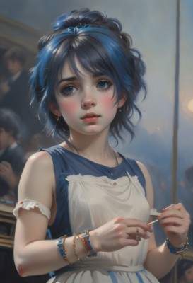 1girl,solo,blush,short hair,bangs,blue eyes,shirt,black hair,dress,holding,bare shoulders,jewelry,blue hair,hair ribbon,upper body,multicolored hair,hairband,earrings,parted lips,multiple boys,sleeveless,solo focus,artist name,indoors,necklace,white dress,blurry,apron,bracelet,lips,looking to the side,sleeveless dress,blurry background,blue dress,watermark,looking away,ring,blue ribbon,armlet,realistic,nose,red lips,blue hairband,looking at viewer,ribbon,nail polish,streaked hair,eyelashes,makeup,freckles,cigarette,smoking,arm garter,holding cigarette