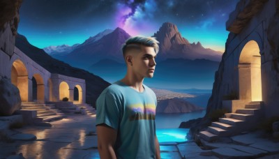 solo,short hair,shirt,1boy,upper body,short sleeves,grey hair,male focus,multicolored hair,outdoors,sky,cloud,water,night,blue shirt,t-shirt,star (sky),night sky,scenery,starry sky,mountain,rainbow,aurora,black hair,rock