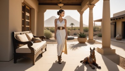 1girl,solo,breasts,short hair,black hair,dress,bare shoulders,jewelry,standing,boots,outdoors,sleeveless,day,belt,indoors,hair bun,white dress,dark-skinned female,pillow,bed,shadow,table,single hair bun,plant,scenery,couch,walking,dog,potted plant,brown hair,earrings,necklace,tree,lips,book,chair,vase,statue,carpet