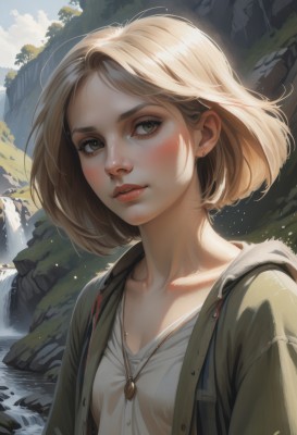 1girl,solo,breasts,looking at viewer,blush,short hair,bangs,blonde hair,brown hair,shirt,cleavage,brown eyes,jewelry,green eyes,collarbone,jacket,white shirt,upper body,earrings,small breasts,outdoors,parted lips,open clothes,sky,day,artist name,signature,water,necklace,open jacket,tree,lips,eyelashes,buttons,bob cut,pendant,freckles,rock,green jacket,realistic,nose,river,waterfall,hood