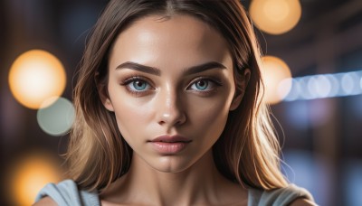 1girl,solo,long hair,looking at viewer,blue eyes,brown hair,closed mouth,blurry,lips,eyelashes,depth of field,blurry background,portrait,close-up,forehead,freckles,realistic,nose,bokeh,upper body,aqua eyes,thick eyebrows,backlighting,light