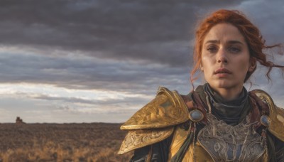 1girl,solo,blue eyes,brown hair,brown eyes,upper body,outdoors,parted lips,sky,day,cloud,orange hair,armor,lips,cloudy sky,wind,shoulder armor,pauldrons,realistic,looking afar,looking at viewer,short hair,red hair,hair bun,grey sky,chainmail