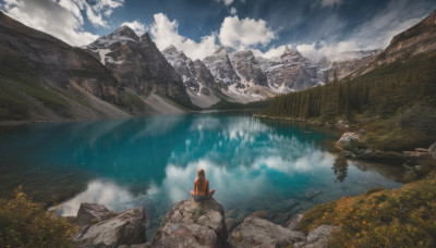 1girl, solo, long hair, sitting, outdoors, sky, day, cloud, water, from behind, tree, cloudy sky, nature, scenery, reflection, mountain, landscape, lake