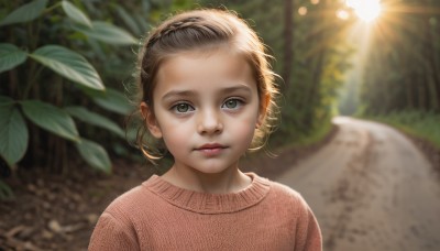 1girl,solo,looking at viewer,short hair,blonde hair,brown hair,brown eyes,closed mouth,green eyes,upper body,outdoors,day,blurry,sweater,tree,lips,depth of field,blurry background,leaf,sunlight,plant,nature,forehead,lens flare,realistic,wings,child,portrait