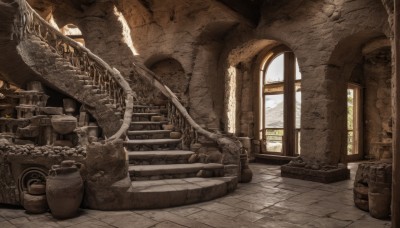 day,indoors,no humans,window,sunlight,scenery,stairs,fantasy,door,dragon,ruins,pillar,statue,barrel,arch