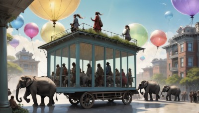 1girl,long hair,short hair,multiple girls,brown hair,black hair,hat,dress,standing,outdoors,japanese clothes,multiple boys,sky,day,cloud,kimono,bag,scarf,tree,blue sky,bird,animal,ground vehicle,building,scenery,motor vehicle,6+boys,robe,fantasy,railing,balloon,bridge,horse,people,cow,holding balloon,sitting,ponytail,weapon,city,aircraft,riding