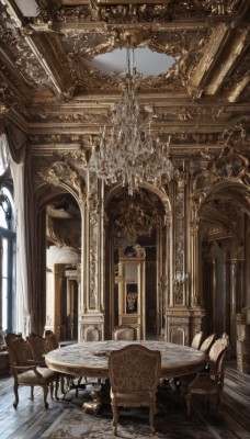 sitting,day,indoors,no humans,window,chair,table,sunlight,scenery,wooden floor,architecture,pillar,statue,ceiling,carpet,arch,candlestand,chandelier,column,throne