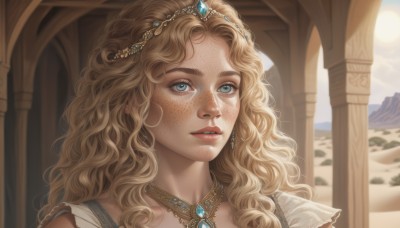 1girl,solo,long hair,looking at viewer,blue eyes,blonde hair,jewelry,earrings,outdoors,parted lips,sky,day,necklace,lips,wavy hair,sunlight,tiara,gem,portrait,freckles,curly hair,circlet,mountain,realistic,sun,hair ornament,teeth,cloud,blurry,eyelashes,looking away,nose,looking afar