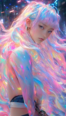 1girl,solo,long hair,looking at viewer,bangs,blue eyes,long sleeves,jewelry,closed mouth,blue hair,upper body,pink hair,multicolored hair,earrings,midriff,blunt bangs,from side,two-tone hair,lips,crop top,grey eyes,gradient hair,makeup,breasts,bare shoulders,very long hair,white hair,blurry,looking to the side,blurry background,realistic,nose,neon lights