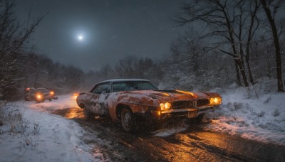 outdoors,sky,tree,no humans,night,moon,ground vehicle,star (sky),nature,night sky,scenery,motor vehicle,snow,full moon,forest,starry sky,car,road,winter,vehicle focus,bare tree,sports car,snowing