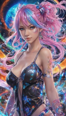 1girl,solo,long hair,breasts,looking at viewer,smile,bangs,blue eyes,large breasts,hair ornament,navel,cleavage,bare shoulders,twintails,jewelry,medium breasts,closed mouth,underwear,blue hair,collarbone,panties,upper body,pink hair,multicolored hair,earrings,shiny,bracelet,two-tone hair,two side up,lips,streaked hair,tattoo,makeup,floating hair,lingerie,armlet,realistic,nose,babydoll,pointy ears,artist name,watermark,ring,facial tattoo