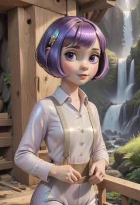 1girl,solo,breasts,looking at viewer,blush,smile,short hair,bangs,shirt,hair ornament,long sleeves,sitting,closed mouth,standing,purple eyes,white shirt,purple hair,cowboy shot,small breasts,outdoors,shorts,day,hairclip,shiny,collared shirt,pants,artist name,blunt bangs,water,shiny hair,lips,fingernails,eyelashes,dress shirt,buttons,bob cut,suspenders,freckles,rock,white pants,nose,waterfall,suspender shorts,wooden fence,wood,bag,nail polish,makeup,swept bangs,watermark,thick eyebrows,grass,plant,web address,pink lips,red lips,bush,mascara,brown bag,stream