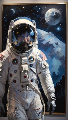 solo,looking at viewer,black hair,gloves,1boy,male focus,cowboy shot,sky,star (symbol),blood,facial hair,moon,helmet,star (sky),beard,reflection,science fiction,mountain,realistic,mustache,space,planet,earth (planet),american flag,spacesuit,japanese flag,space helmet,astronaut,blue eyes,brown eyes