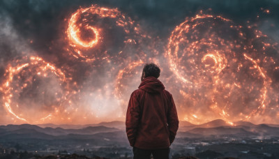 solo, short hair, black hair, 1boy, standing, jacket, male focus, outdoors, sky, pants, cloud, hood, from behind, hood down, cloudy sky, fire, scenery, mountain, hands in pockets, facing away