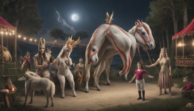 long hair,breasts,multiple girls,skirt,blonde hair,brown hair,animal ears,medium breasts,outdoors,multiple boys,horns,sky,barefoot,cloud,rabbit ears,tree,night,animal,parody,moon,grass,crown,star (sky),nature,night sky,single horn,full moon,forest,6+boys,horse,fine art parody,realistic,fantasy,riding,what,horseback riding