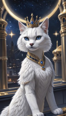 looking at viewer,blue eyes,jewelry,closed mouth,sky,blurry,no humans,sparkle,night,animal,cat,crown,gem,star (sky),night sky,starry sky,animal focus,white fur,whiskers,blue gemstone,red gemstone,white cat,solo,necklace,pillar