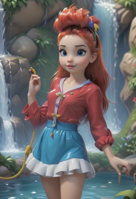 1girl,solo,long hair,breasts,looking at viewer,blush,smile,open mouth,blue eyes,skirt,shirt,hair ornament,long sleeves,holding,standing,collarbone,flower,red hair,cowboy shot,hairband,small breasts,outdoors,parted lips,day,hair flower,water,orange hair,lips,blue skirt,wet,plant,red shirt,nature,wading,freckles,rock,key,waterfall,hand up,fingernails,leaf,single hair bun