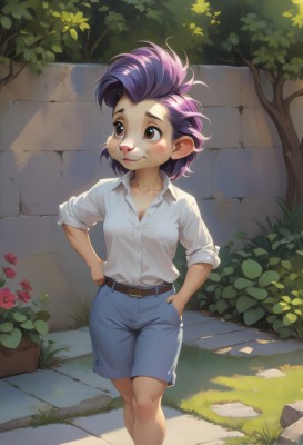 1girl,solo,breasts,blush,smile,short hair,shirt,brown eyes,closed mouth,standing,collarbone,white shirt,purple hair,flower,small breasts,outdoors,shorts,day,collared shirt,belt,tree,looking to the side,dress shirt,feet out of frame,looking away,sunlight,grass,plant,furry,sleeves rolled up,walking,blue shorts,hands on hips,hands in pockets,furry female,shirt tucked in,wall,brick wall,tomboy,cleavage,pointy ears,artist name,leaf,denim,bush,sleeves pushed up,stone wall