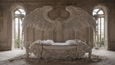 lying,wings,day,indoors,tree,no humans,window,bed,sunlight,plant,scenery,feathered wings,angel wings,fantasy,angel,ruins,bathtub,pillar,statue,column,pillow,bed sheet,white wings,multiple wings,arch