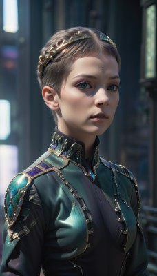 1girl,solo,breasts,looking at viewer,short hair,blue eyes,brown hair,jewelry,jacket,upper body,parted lips,necklace,blurry,lips,bodysuit,blurry background,gem,freckles,circlet,realistic,nose,hair ornament,teeth,aqua eyes,eyelashes,makeup,androgynous,gold trim,very short hair,forehead jewel