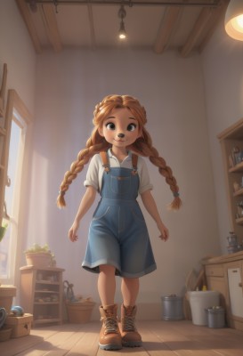 1girl,solo,long hair,looking at viewer,smile,brown hair,shirt,twintails,brown eyes,closed mouth,standing,full body,white shirt,braid,short sleeves,boots,shoes,collared shirt,indoors,black eyes,twin braids,window,brown footwear,sunlight,plant,child,cross-laced footwear,freckles,female child,potted plant,overalls,shelf,watering can,blue overalls,overall shorts,artist name,denim,sneakers,jar,shoelaces