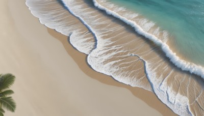 outdoors,water,tree,no humans,ocean,animal,leaf,beach,scenery,brown background,sand,palm tree,animal focus,waves,shore,day,signature,from above,plant,realistic