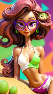 1girl,solo,long hair,breasts,looking at viewer,smile,brown hair,navel,cleavage,jewelry,medium breasts,purple eyes,collarbone,swimsuit,bikini,earrings,small breasts,food,glasses,midriff,artist name,dark skin,dark-skinned female,lips,makeup,fruit,lipstick,tan,multicolored clothes,eyeshadow,curly hair,hoop earrings,multicolored bikini,bare shoulders,sitting,multicolored hair,two-tone hair,eyelashes,breasts apart