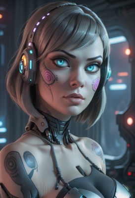 1girl,solo,breasts,looking at viewer,short hair,bangs,blue eyes,brown hair,cleavage,bare shoulders,medium breasts,closed mouth,collarbone,upper body,artist name,blurry,lips,eyelashes,tattoo,makeup,blurry background,swept bangs,headphones,facial mark,portrait,science fiction,nose,android,eyeliner,joints,cable,cyborg,robot joints,mascara,cyberpunk,mechanical parts,black hair,signature,aqua eyes,glowing,watermark,expressionless,bob cut,eyeshadow,headset,backlighting,facepaint