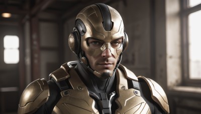 solo,looking at viewer,1boy,brown eyes,closed mouth,upper body,male focus,indoors,armor,blurry,window,blurry background,helmet,portrait,science fiction,realistic,cyborg,power armor,lips,bodysuit,facial hair,sunglasses,headset