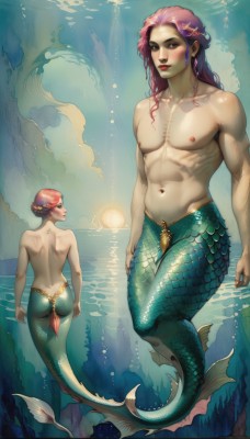 long hair,looking at viewer,blush,blue eyes,1boy,navel,nipples,tail,full body,pink hair,ass,male focus,nude,multiple boys,2boys,water,lips,muscular,ocean,back,piercing,abs,sunlight,pectorals,bubble,toned,topless male,light rays,underwater,realistic,sun,scales,air bubble,mermaid,head fins,toned male,monster boy,short hair,jewelry,collarbone,purple hair,earrings,looking back,artist name,stomach,completely nude,makeup,monster girl,fish,very short hair,fins