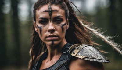 1girl,solo,long hair,looking at viewer,brown hair,brown eyes,closed mouth,upper body,male focus,dark skin,armor,blurry,black eyes,lips,blurry background,facial mark,feathers,shoulder armor,portrait,nature,pauldrons,realistic,nose,facepaint,dreadlocks,black hair,outdoors,tattoo,facial hair,shoulder pads