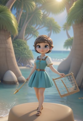 1girl,solo,looking at viewer,smile,short hair,bangs,brown hair,shirt,dress,holding,brown eyes,jewelry,standing,full body,white shirt,braid,short sleeves,hairband,earrings,outdoors,sky,day,belt,water,blurry,tree,blue sky,puffy short sleeves,depth of field,blurry background,blue dress,ocean,beach,sandals,sunlight,child,walking,sand,palm tree,sun,basket,female child,shore,closed mouth,shoes,puffy sleeves,collared shirt,artist name,black footwear,lips,watermark,brown footwear,thick eyebrows,web address,rock,pinafore dress,watson cross,aqua dress