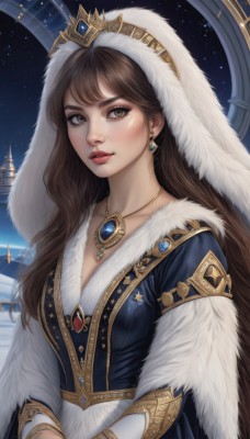 1girl,solo,long hair,breasts,looking at viewer,bangs,brown hair,long sleeves,dress,brown eyes,jewelry,collarbone,upper body,earrings,parted lips,sky,artist name,signature,necklace,lips,fur trim,eyelashes,makeup,night,blue dress,own hands together,tiara,crown,gem,star (sky),night sky,veil,pendant,starry sky,freckles,nose,red lips,blush,cleavage,medium breasts,white dress,lipstick,red gemstone