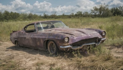 outdoors,sky,day,cloud,tree,blue sky,no humans,cloudy sky,grass,ground vehicle,nature,scenery,motor vehicle,forest,car,road,vehicle focus,wheel,sports car,truck,realistic,field